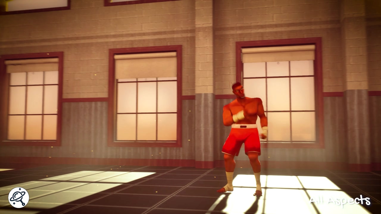 A stylized boxer in a warm, sunlit training gym